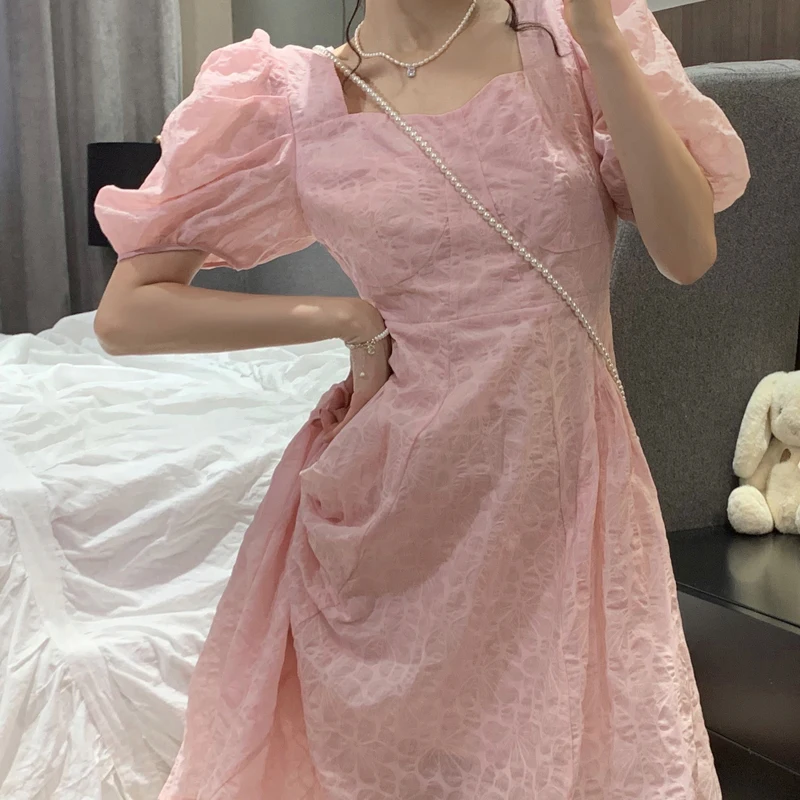 Rožinė Grynas Collor Suknelės Vasaros 2021 Ponios Prancūzijos Derliaus Saldus Midi Suknelė Moterims Korėjos Stiliaus Vakaras Šalis Suknelė Moteriška Elegancija