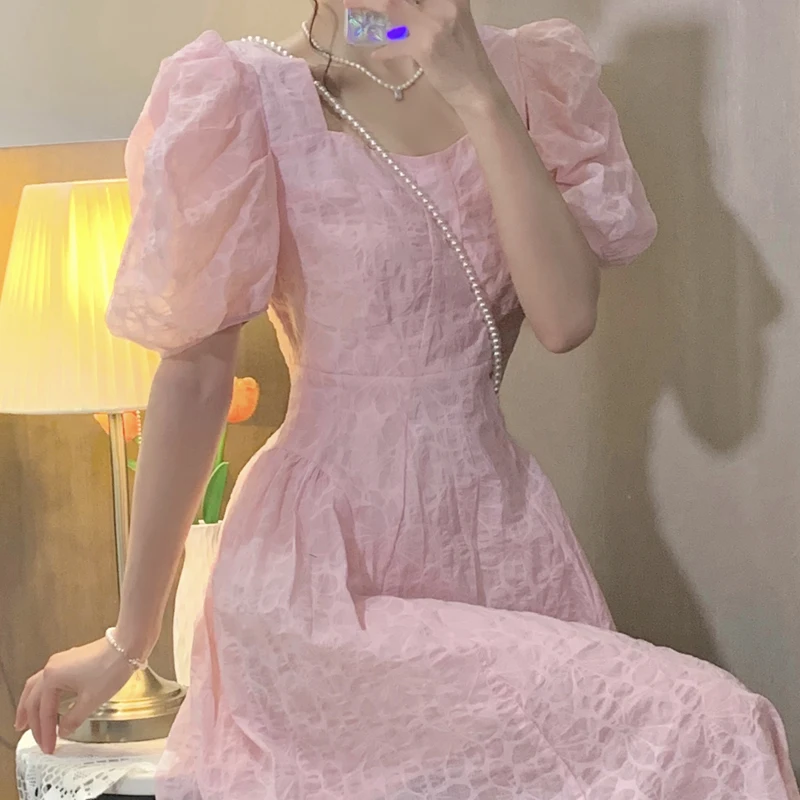 Rožinė Grynas Collor Suknelės Vasaros 2021 Ponios Prancūzijos Derliaus Saldus Midi Suknelė Moterims Korėjos Stiliaus Vakaras Šalis Suknelė Moteriška Elegancija 3