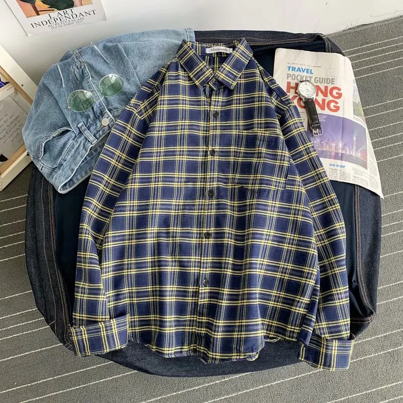 BXyichen pavasarį, naujų literatūros retro ilgomis rankovėmis marškinėliai, vyriški korėjos versija laisvi tendencija laukinių plaid marškinėliai striukė