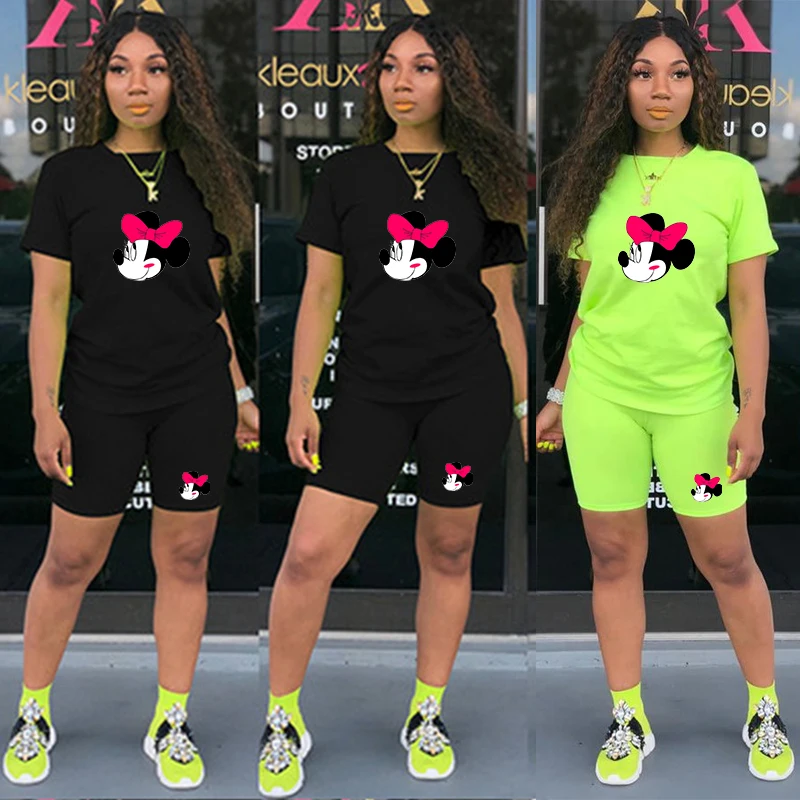 Disney 2 Gabalas Rinkiniai Moterims Minnie Mouse Spausdinti Sportiniai Kostiumai Vasaros Kawaii Šortai Cartoon O Kaklo Trumpomis Rankovėmis Sporto Tiktų Bėgimas