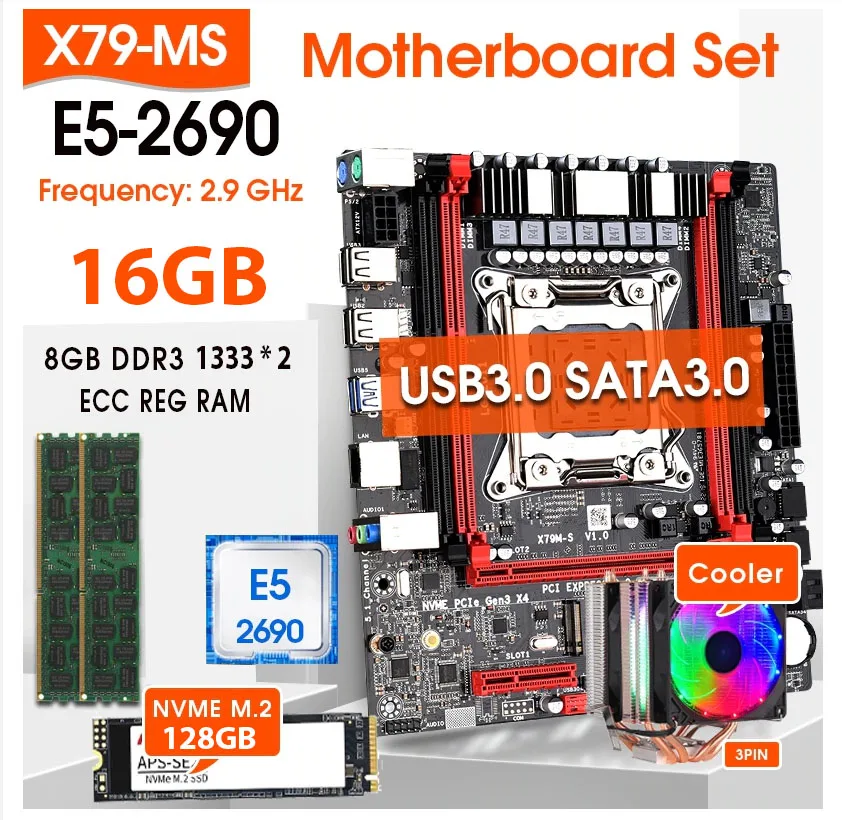 X79 motininė Plokštė Nustatyti E5 2690 CPU 2 x 8 GB = 16GB 1333Mhz DDR3 ECC REC AUŠINTUVO Komplektas SATA3.0 USB3.0 ir 128GB NVMe M. 2 SSD 4