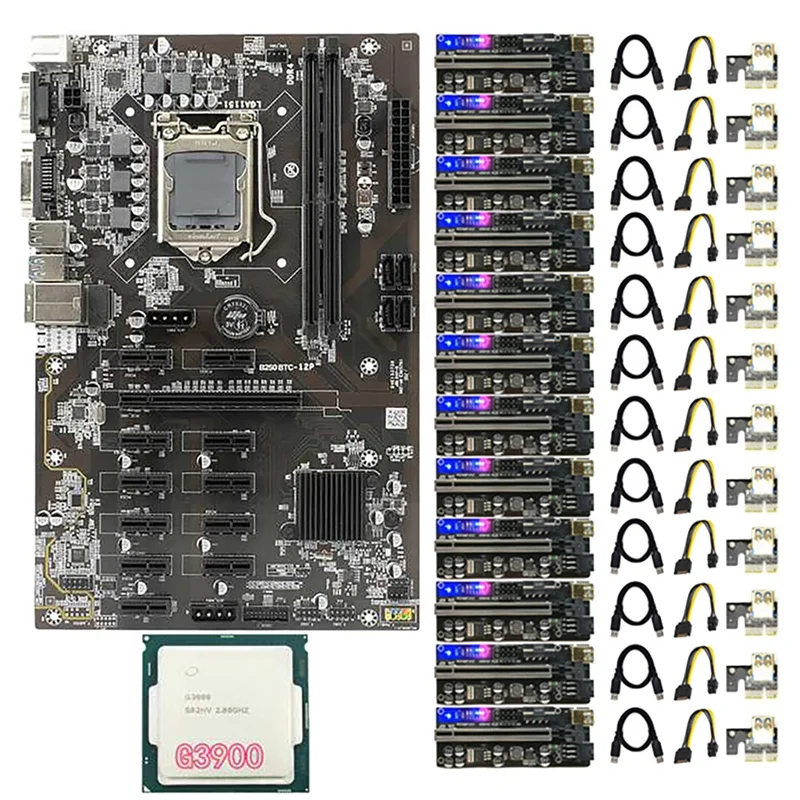 HOT-B250 BTC Kasybos Plokštė su 12XVER010S Plus PCIE Riser Card+G3900 CPU LGA1151 DDR4 DIMM SATA3.0 12 GPU PCIE Lizdas