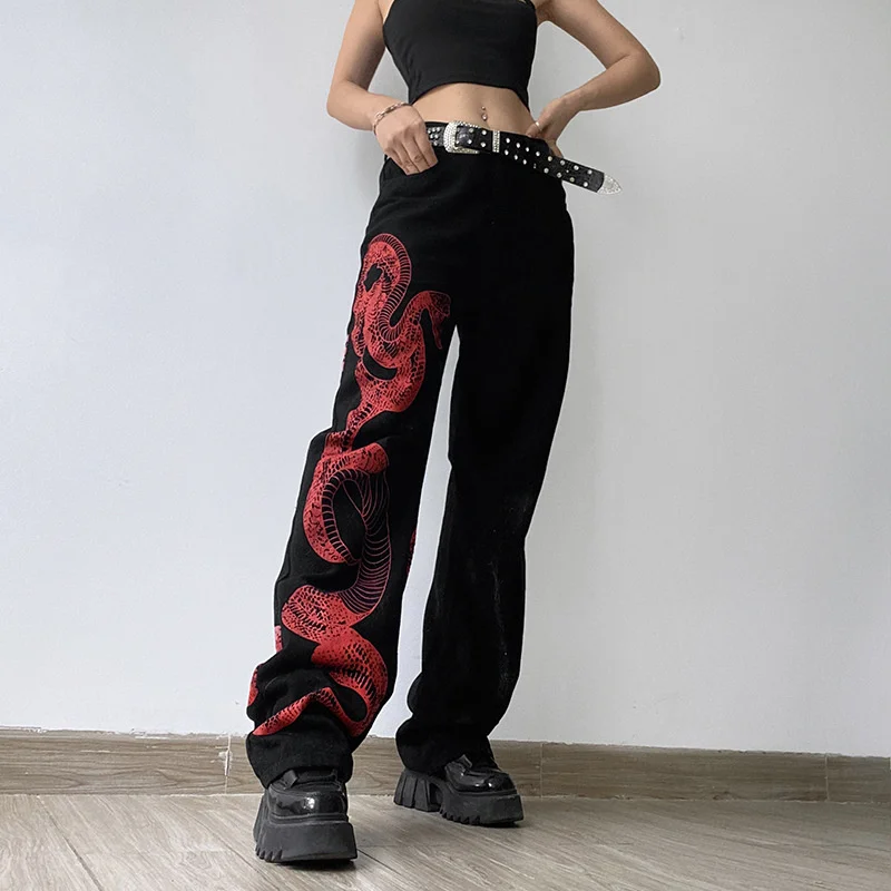 Unua amo Stilingas Kontrasto Spalvų Gyvatė Spausdinti Tiesūs Džinsai Moteris Baggy Laukinių Kelnės Moteriška Atsitiktinis Streetwear Juodos Džinsinio audinio Kelnės