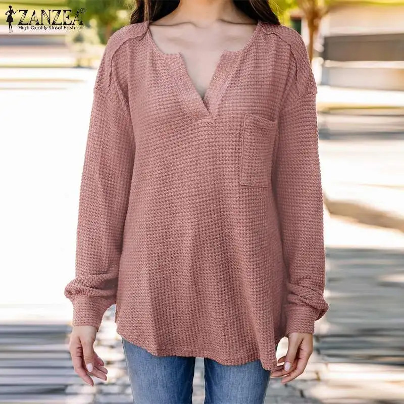 ZANZEA Stilingas Pavasario Moterų Marškinėliai 2021 Elegantiškas Palaidinukės ilgomis Rankovėmis V-Kaklo Blusas Atsitiktinis Palaidų Chemise Kietas Tunika Viršūnes Overisize 0