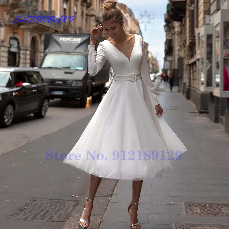 Derliaus Trumpas Vestuvių Suknelės, Arbata-Ilgis Elegantiškas V-Kaklo, Ilgomis Rankovėmis Satino Tiulio Linijos Nuotakos Suknelė Vestido De Noiva Sukienka