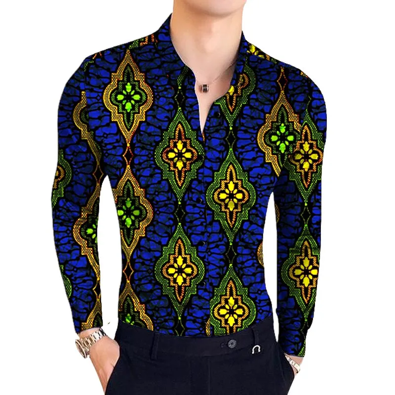 Nigerijos Mados vyriški Marškiniai ilgomis Rankovėmis Viršūnes Spalvinga Spausdinti Modelius Vyrų Afrikos Vestuves, Komplektai, Individualų 5