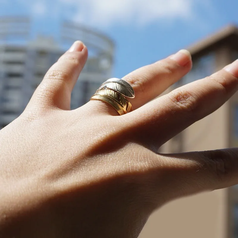 Originalus dizainerio Amatų Plunksnų atidarymo reguliuojamas žiedo žavesio unikalius Tailandiečių sidabro aukso skyriaus prabanga moterų prekės papuošalai 0