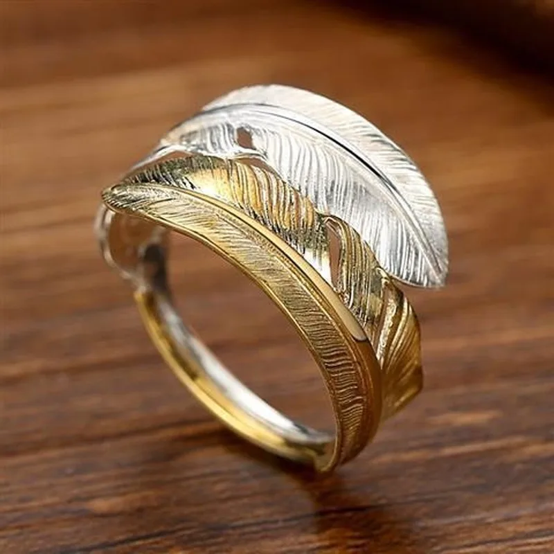 Originalus dizainerio Amatų Plunksnų atidarymo reguliuojamas žiedo žavesio unikalius Tailandiečių sidabro aukso skyriaus prabanga moterų prekės papuošalai 1