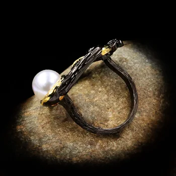 925 Sidabro Juodojo Aukso Dviejų Atspalvių Žiedo Moterų Laukinių Nišą Dizaino Gėlavandenių Perlų Klevo Lapas, Žiedas Fine Jewelry
