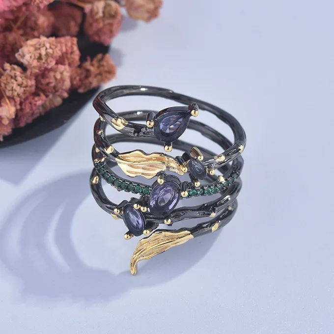 Italija Antikvariniai Papuošalai Volframo Žiedai Kūrybos Šakos Lapai Juodojo Aukso Užpildytas Violetinė Crystal Žiedai Vestuves Žiedas Wom 3